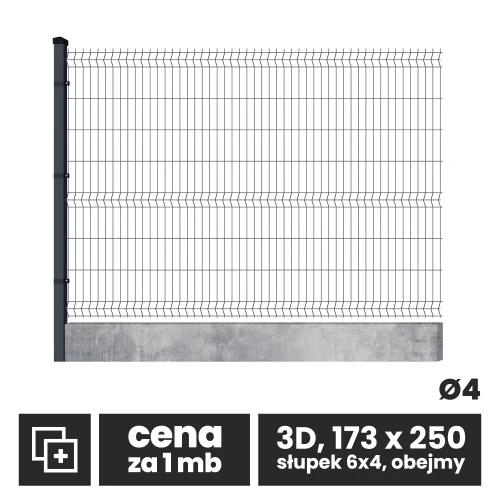 Komplet ogrodzenia panelowego 3D, 173x250 cm, drut fi4, oczko 200x50 mm z podmurówką